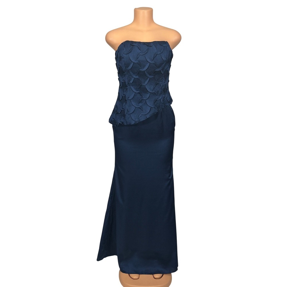Navy Blue Strapless Peplum Maxi Dress Textured Bodice Formal Gown MF22999 Size M